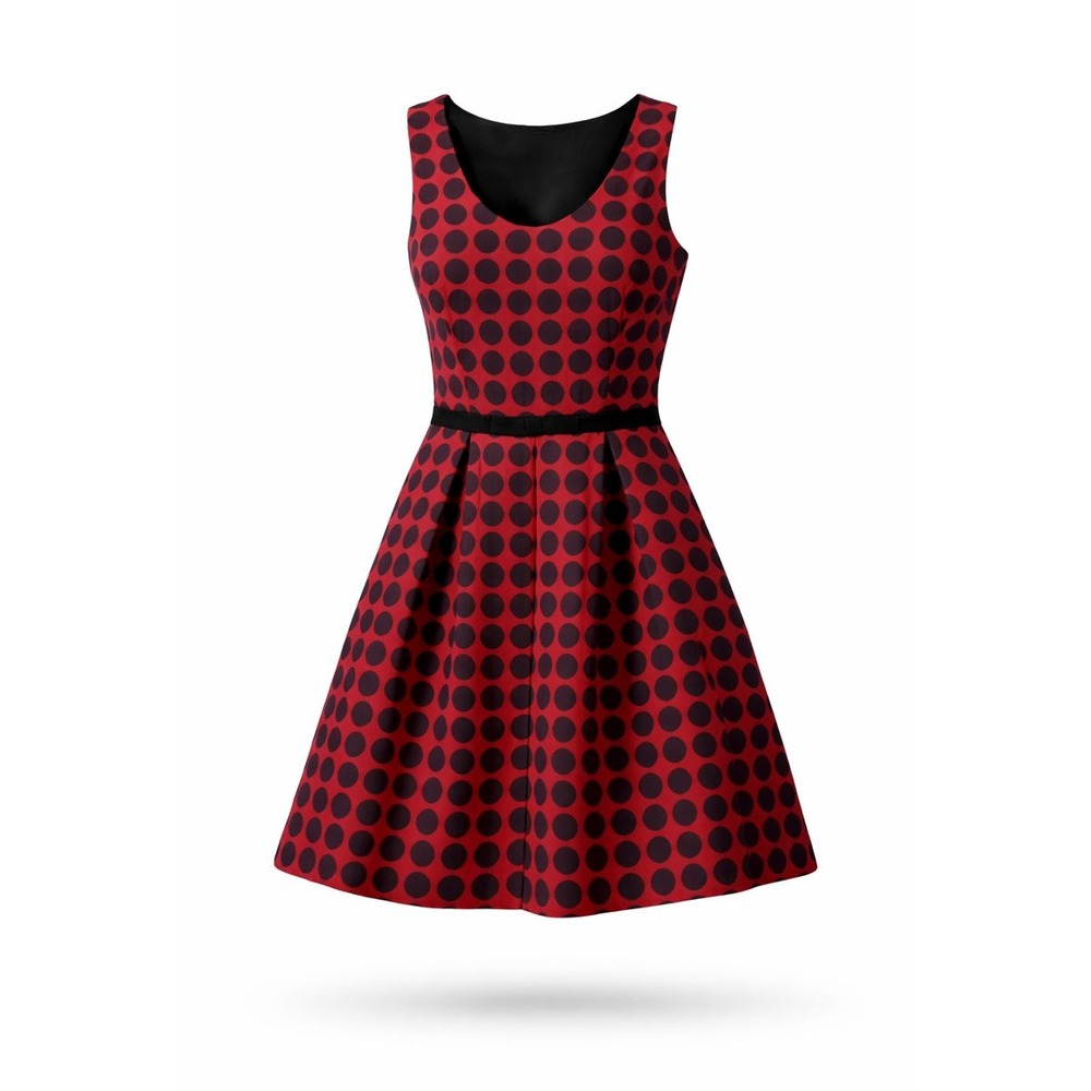 NEW LC Lauren Conrad Pleated Polka Dot Fit Flare Dress Red Black Sleeveless Sz 6